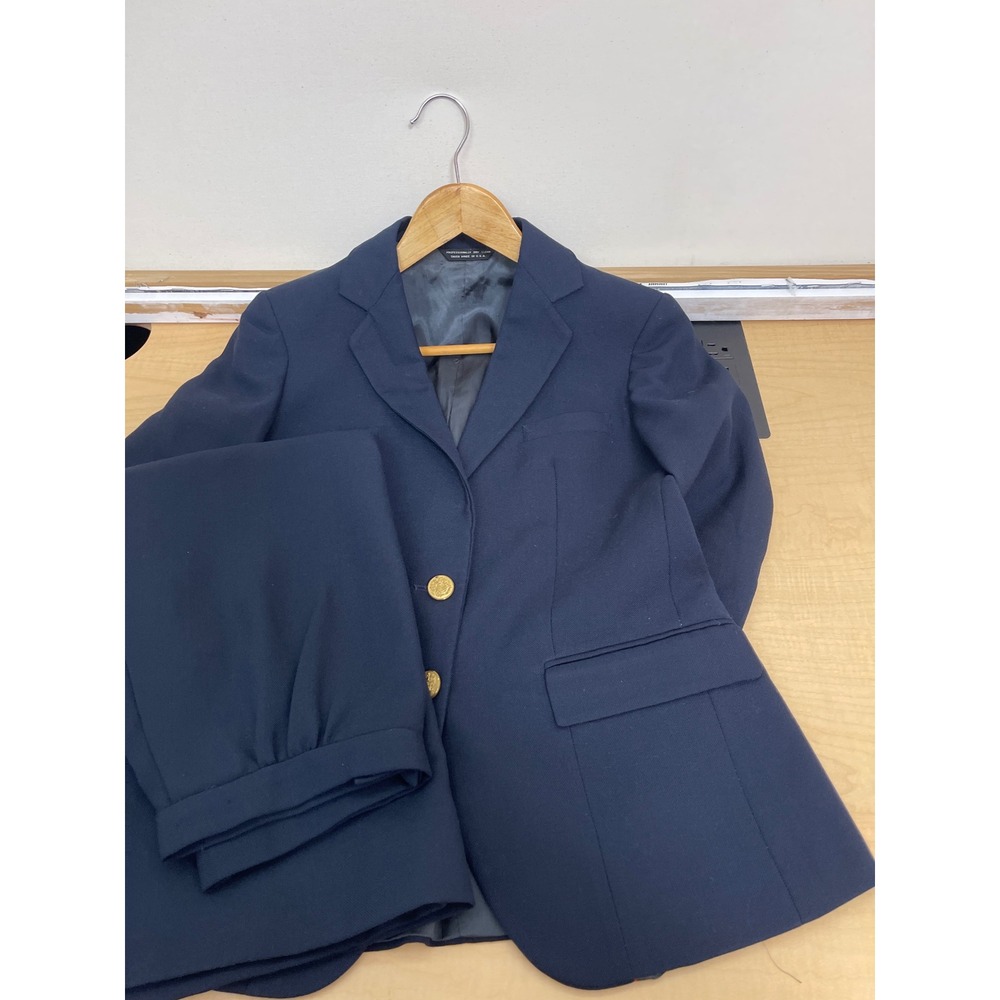 Vintage Carole Andrews Navy Blue 2 Piece Skirt Suit Set Gold Crest Buttons USA